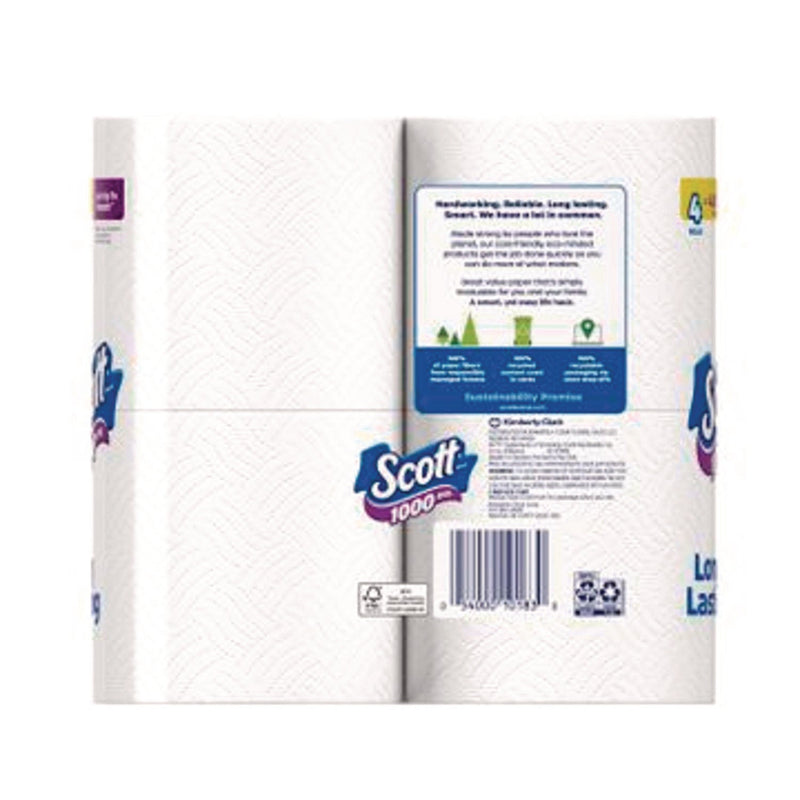 Scott® 1000 Bathroom Tissue, Septic Safe, 1-Ply, White, 1,000 Sheets/Roll, 4 Rolls/Pack, 12 Packs/Carton (KCC10183) Case of 12