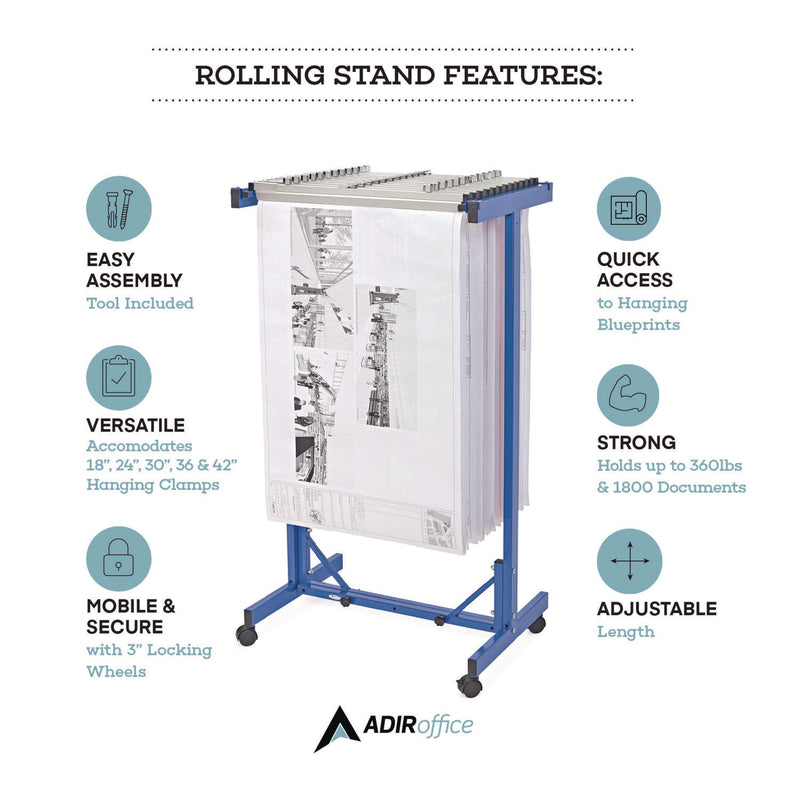 AdirOffice Expandable Blueprint Storage Cabinet Mobile Plan Center, Assorted Document Sizes, 20.5" x 28" to 46.5" x 50.75", Blue (ALHI615BLU) Each
