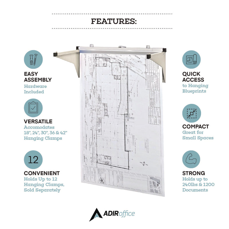 AdirOffice Drop Lift Blueprint Storage Wall Rack, Assorted Document Sizes Accommodated, 7.9" x 1.2" x 7.1", Gray (ALHI616) Each