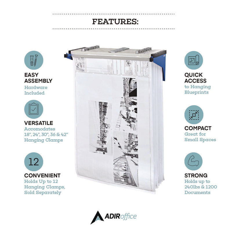 AdirOffice Drop Lift Blueprint Storage Wall Rack, Assorted Document Sizes Accommodated, 7.9" x 1.2" x 7.1", Blue (ALHI616BLU) Each
