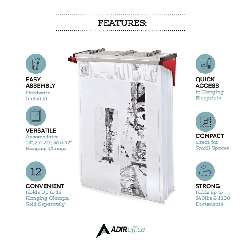 AdirOffice Drop Lift Blueprint Storage Wall Rack, Assorted Document Sizes Accommodated, 7.9" x 1.2" x 7.1", Red (ALHI616RED) Each