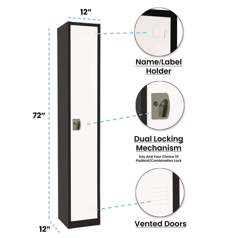 AdirOffice Steel Storage Locker, 1 Compartment, 12 x 12 x 72, Black Body/White Doors (ALHI629201BW) Each