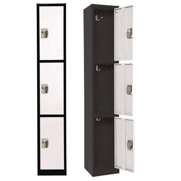 AdirOffice Steel Storage Locker, 3 Compartment, 12 x 12 x 72, Black Body/White Doors (ALHI629203BW) Each