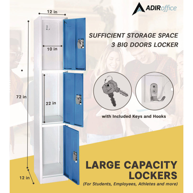 AdirOffice Steel Storage Locker, 3 Compartment, 12 x 12 x 72, Blue (ALHI629203BLU) Each