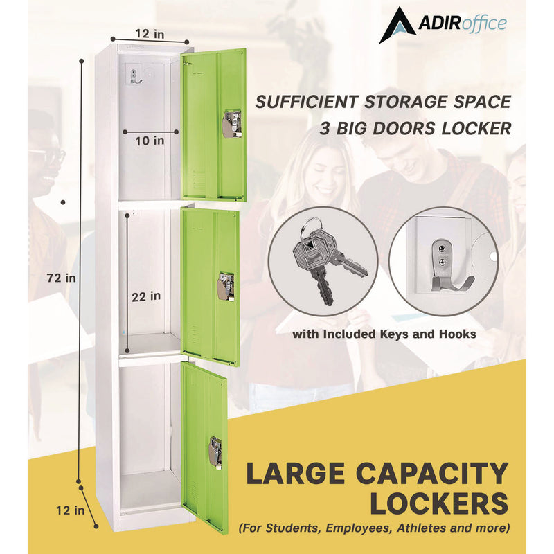 AdirOffice Steel Storage Locker, 3 Compartment, 12 x 12 x 72, Green (ALHI629203GRN) Each