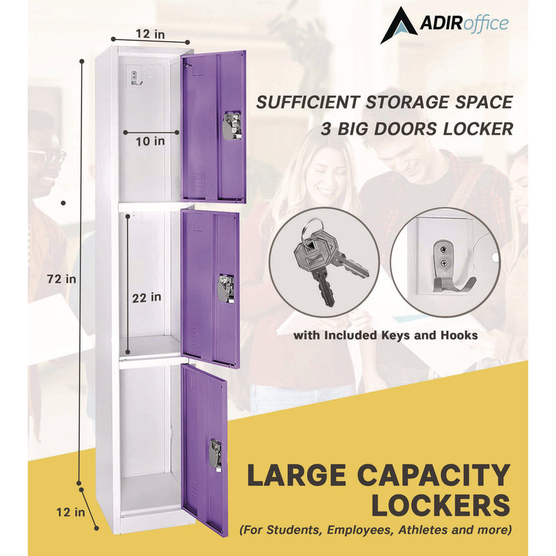 AdirOffice Steel Storage Locker, 3 Compartment, 12 x 12 x 72, Purple (ALHI629203PUR) Each