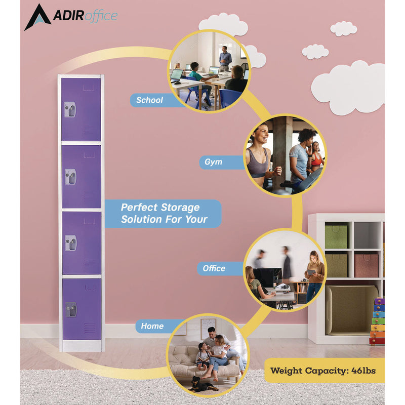 AdirOffice Steel Storage Locker, 4 Compartment, 12 x 12 x 72, Purple (ALHI629204PUR) Each