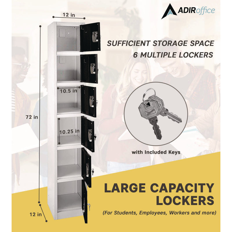 AdirOffice Steel Storage Locker, 6 Compartment, 12 x 12 x 72, Black (ALHI629206BLK) Each