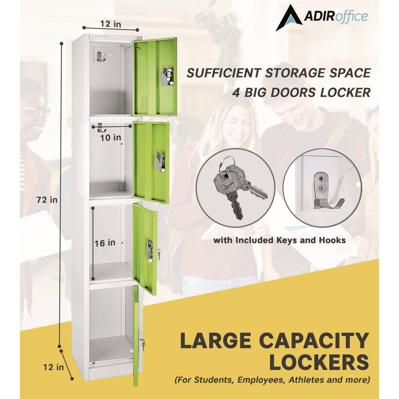 AdirOffice Steel Storage Locker, 4 Compartment, 12 x 12 x 72, Green (ALHI629204GRN) Each