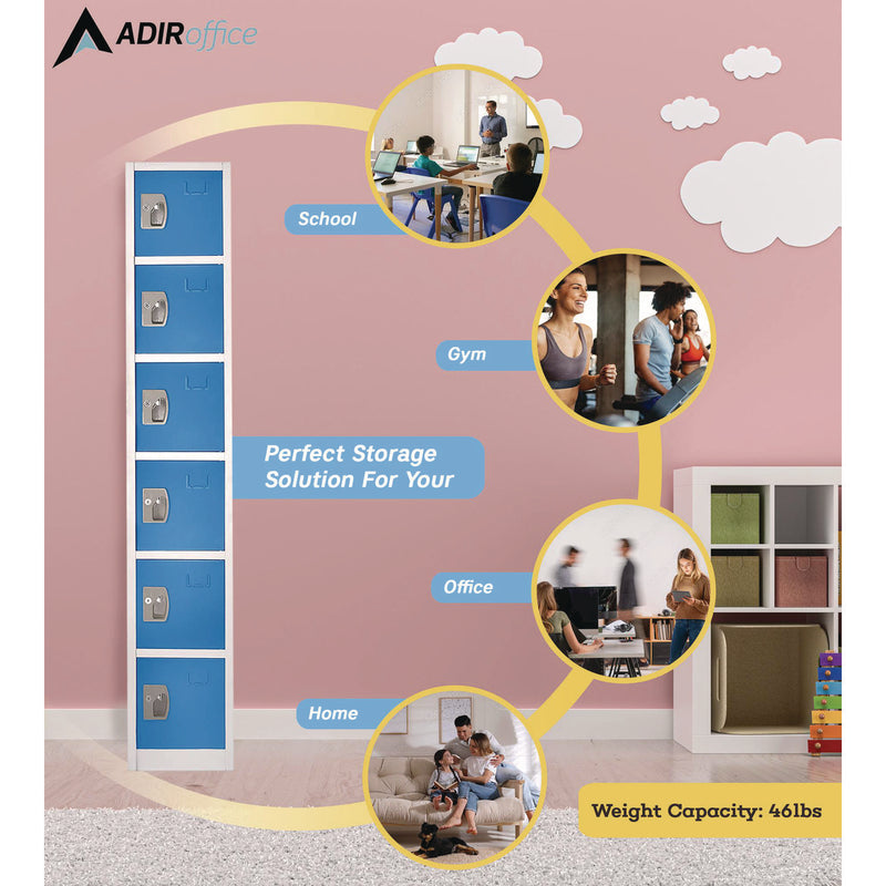 AdirOffice Steel Storage Locker, 6 Compartment, 12 x 12 x 72, Blue (ALHI629206BLU) Each