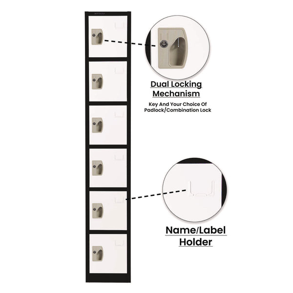 AdirOffice Steel Storage Locker, 6 Compartment, 12 x 12 x 72, Black Body/White Doors (ALHI629206BW) Each