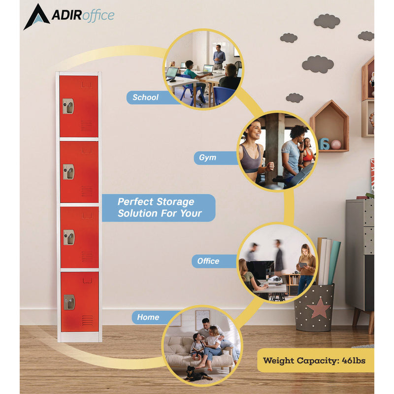 AdirOffice Steel Storage Locker, 4 Compartment, 12 x 12 x 72, Red (ALHI629204RED) Each