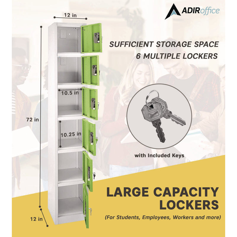 AdirOffice Steel Storage Locker, 6 Compartment, 12 x 12 x 72, Green (ALHI629206GRN) Each