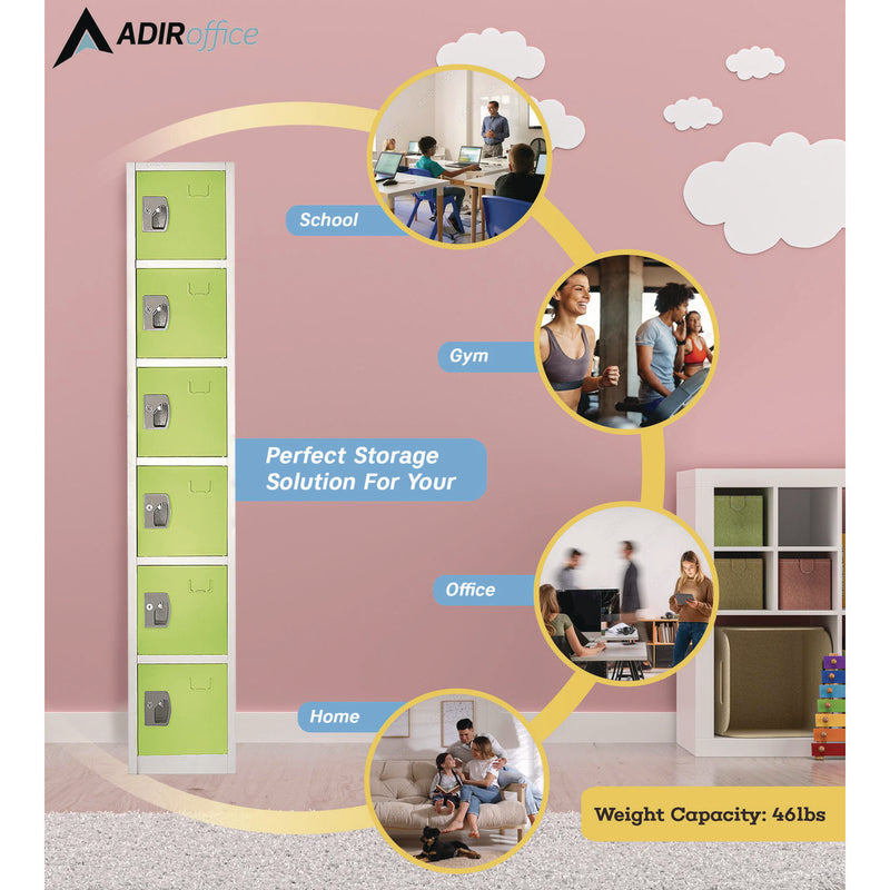 AdirOffice Steel Storage Locker, 6 Compartment, 12 x 12 x 72, Green (ALHI629206GRN) Each