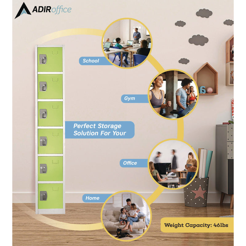 AdirOffice Steel Storage Locker, 6 Compartment, 12 x 12 x 72, Green (ALHI629206GRN) Each