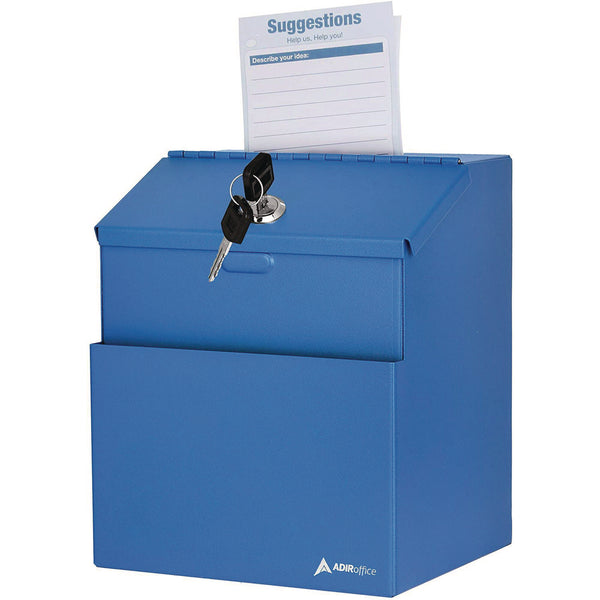 AdirOffice Wall Mountable Steel Suggestion Secure Drop Box with Key, 7 x 6 x 8.5, Stainless Steel 304, Blue (ALHI63101BLU) Each