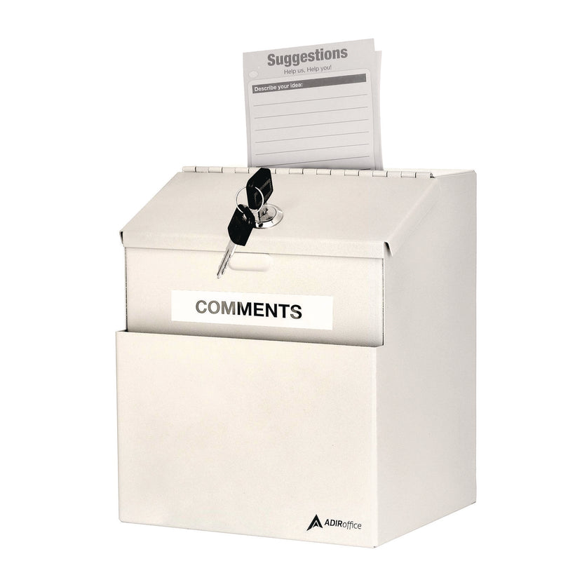 AdirOffice Wall Mountable Steel Suggestion Secure Drop Box with Key, 7 x 6 x 8.5, Stainless Steel 304, White (ALHI63101WHI) Each