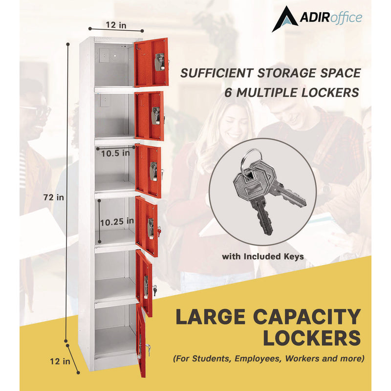 AdirOffice Steel Storage Locker, 6 Compartment, 12 x 12 x 72, Red (ALHI629206RED) Each