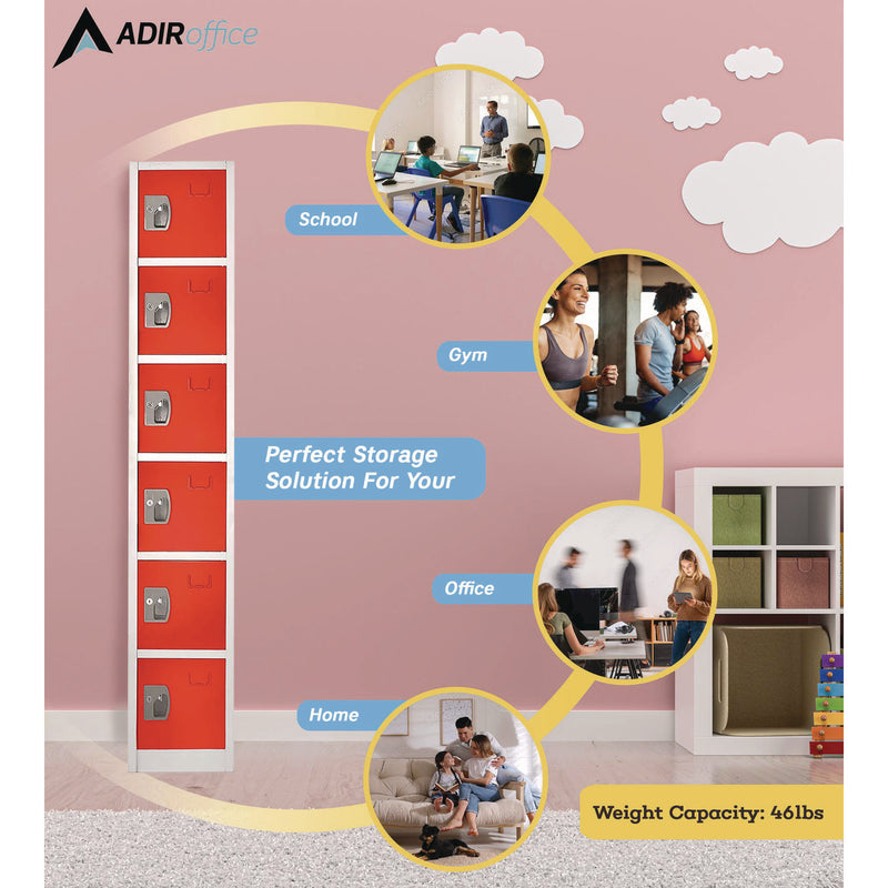 AdirOffice Steel Storage Locker, 6 Compartment, 12 x 12 x 72, Red (ALHI629206RED) Each