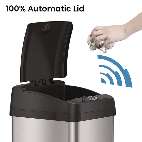 HLS Commercial® Sensor Trash Can, Rectangular, 13 gal, Plastic/Stainless Steel, Silver (HLMHLS13MX) Each