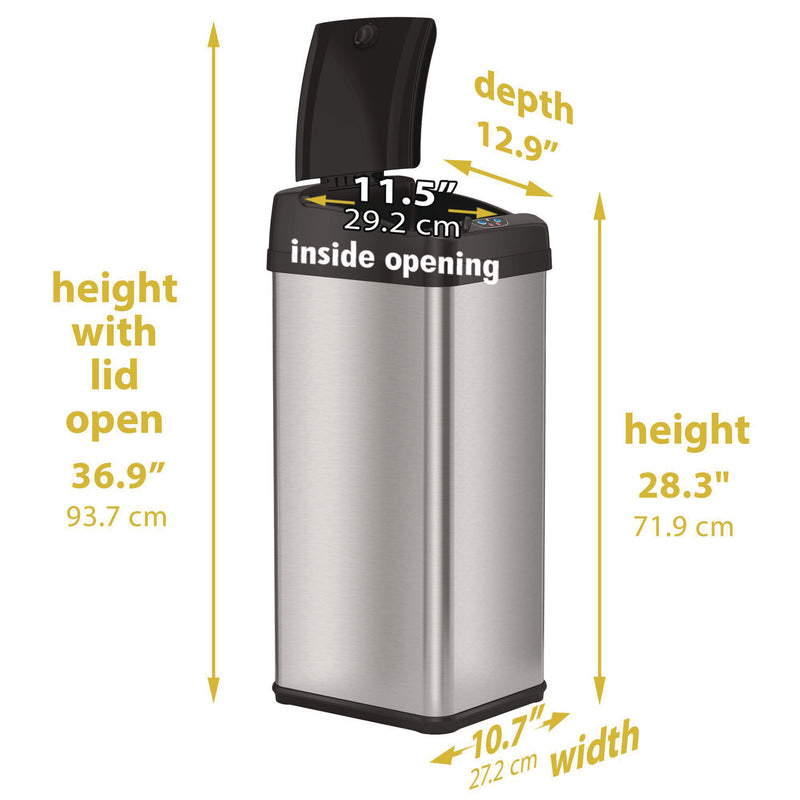 HLS Commercial® Sensor Trash Can, Rectangular, 13 gal, Plastic/Stainless Steel, Silver (HLMHLS13MX) Each