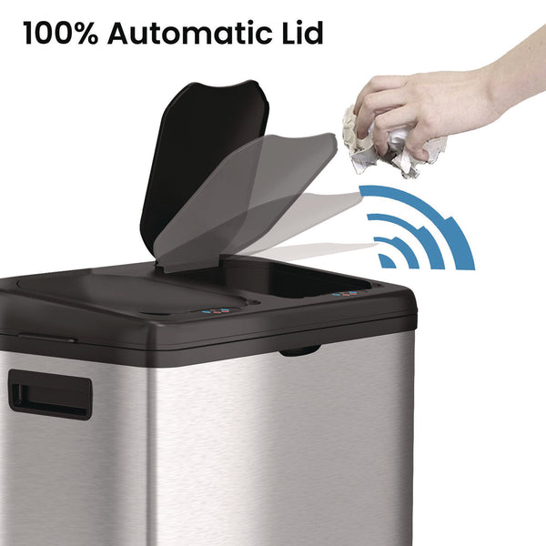HLS Commercial® Dual Compartment Sensor Recycle Bin and Trash Can with Wheels, 16 gal, Plastic/Stainless Steel, Silver/Black (HLMHLS16DCSS) Each