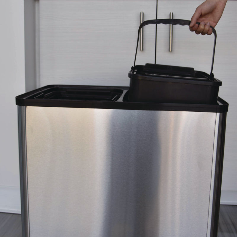 HLS Commercial® Dual Compartment Sensor Recycle Bin and Trash Can with Wheels, 16 gal, Plastic/Stainless Steel, Silver/Black (HLMHLS16DCSS) Each