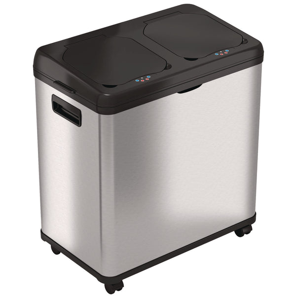 HLS Commercial® Dual Compartment Sensor Recycle Bin and Trash Can with Wheels, 16 gal, Plastic/Stainless Steel, Silver/Black (HLMHLS16DCSS) Each