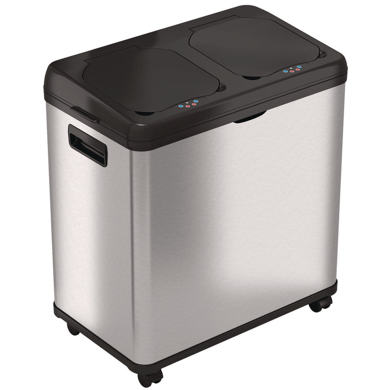 HLS Commercial® Dual Compartment Sensor Recycle Bin and Trash Can with Wheels, 16 gal, Plastic/Stainless Steel, Silver/Black (HLMHLS16DCSS) Each