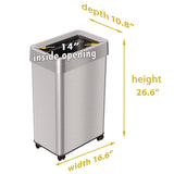 HLS Commercial® Open Top Trash Can with Wheels, Rectangular, 16 gal, Plastic/Stainless Steel, Silver (HLMHLS16UOTM) Each