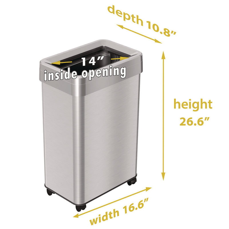 HLS Commercial® Open Top Trash Can with Wheels, Rectangular, 16 gal, Plastic/Stainless Steel, Silver (HLMHLS16UOTM) Each