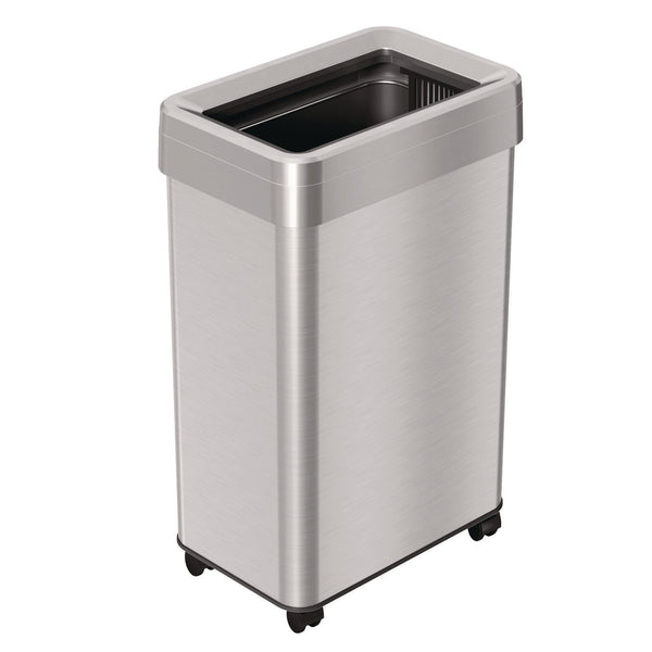 HLS Commercial® Open Top Trash Can with Wheels, Rectangular, 16 gal, Plastic/Stainless Steel, Silver (HLMHLS16UOTM) Each