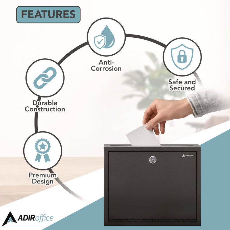 AdirOffice Large Size Steel Multi-Purpose Secure Drop Box, 12 x 3 x 10, Black (ALHI63103BLK) Each