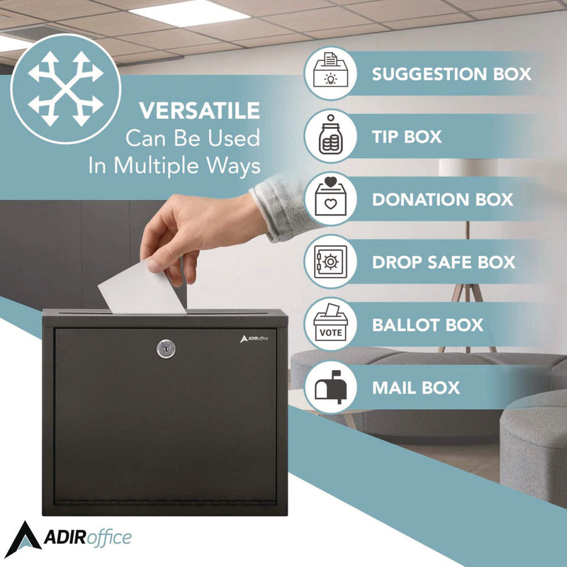 AdirOffice Large Size Steel Multi-Purpose Secure Drop Box, 12 x 3 x 10, Black (ALHI63103BLK) Each