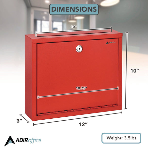 AdirOffice Large Size Steel Multi-Purpose Secure Drop Box, 12 x 3 x 10, Red (ALHI63103RED) Each