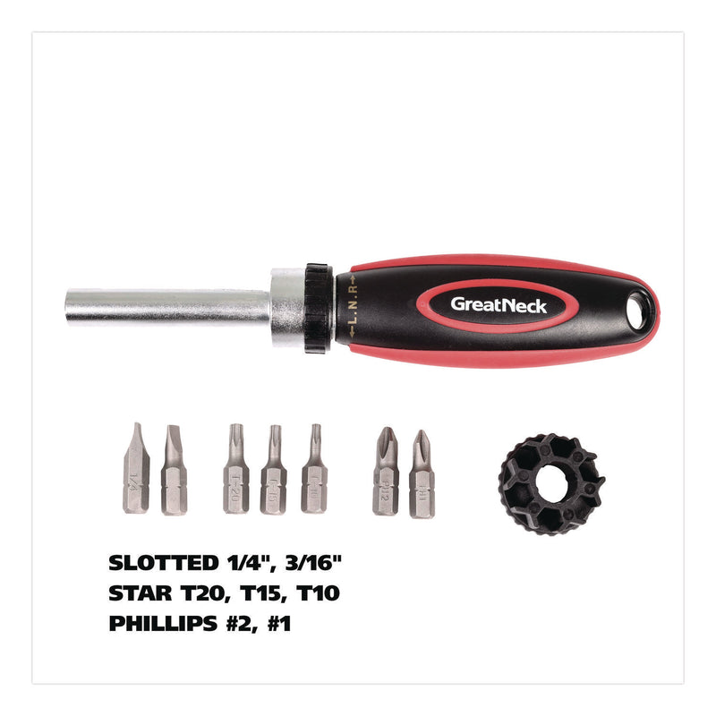 Great Neck® Ratcheting Screw/Nut Driver Set, Phillips/Slotted/Star Bits, 7" Long, Black/Red (GNS950DE) Each