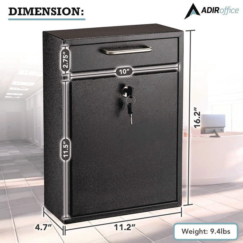 AdirOffice Large Ultimate Secure Drop Box Wall Mounted Mail Box, 11.2 x 4.7 x 16.2, Black (ALHI63104BLK) Each