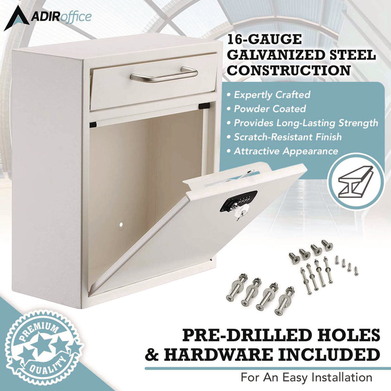 AdirOffice Medium Secure Drop Box Wall Mounted Locking Mail Box with Key and Combination Lock, 10.51 x 4.72 x 12, White (ALHI63105WHIKC) Each
