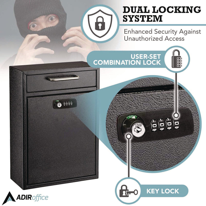AdirOffice Large Secure Drop Box Wall Mounted Locking Mail Box with Key and Combination lock, 11.2 x 4.7 x 16.2, Black (ALHI63104BLKKC) Each