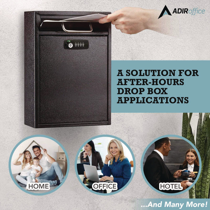 AdirOffice Large Secure Drop Box Wall Mounted Locking Mail Box with Key and Combination lock, 11.2 x 4.7 x 16.2, Black (ALHI63104BLKKC) Each