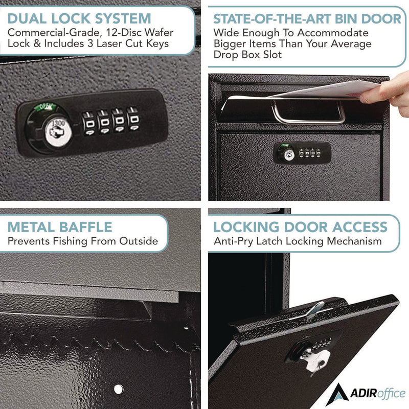 AdirOffice Large Secure Drop Box Wall Mounted Locking Mail Box with Key and Combination lock, 11.2 x 4.7 x 16.2, Black (ALHI63104BLKKC) Each