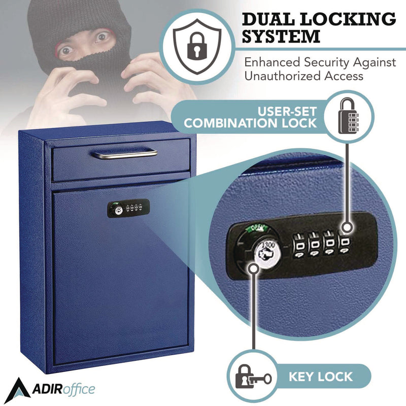 AdirOffice Large Secure Drop Box Wall Mounted Locking Mail Box with Key and Combination lock, 11.2 x 4.7 x 16.2, Blue (ALHI63104BLUKC) Each