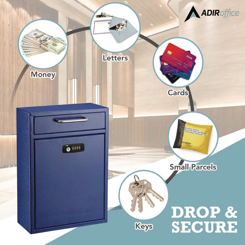 AdirOffice Large Secure Drop Box Wall Mounted Locking Mail Box with Key and Combination lock, 11.2 x 4.7 x 16.2, Blue (ALHI63104BLUKC) Each