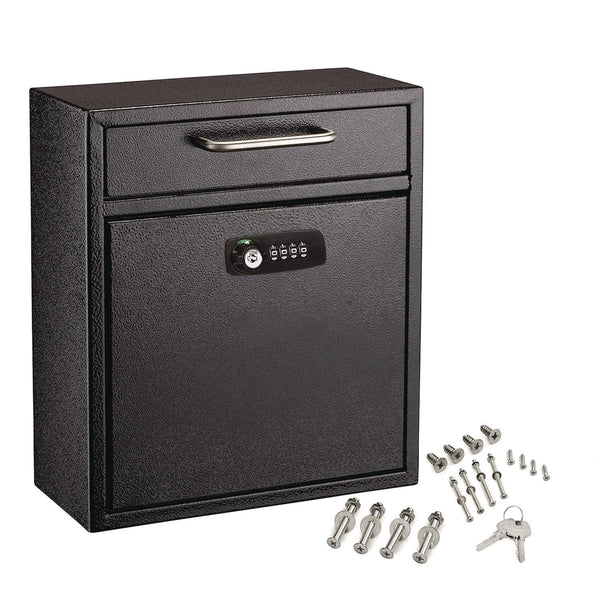 AdirOffice Medium Secure Drop Box Wall Mounted Locking Mail Box with Key and Combination Lock, 10.51 x 4.72 x 12, Black (ALHI63105BLKKC) Each