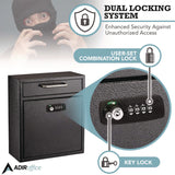 AdirOffice Medium Secure Drop Box Wall Mounted Locking Mail Box with Key and Combination Lock, 10.51 x 4.72 x 12, Black (ALHI63105BLKKC) Each