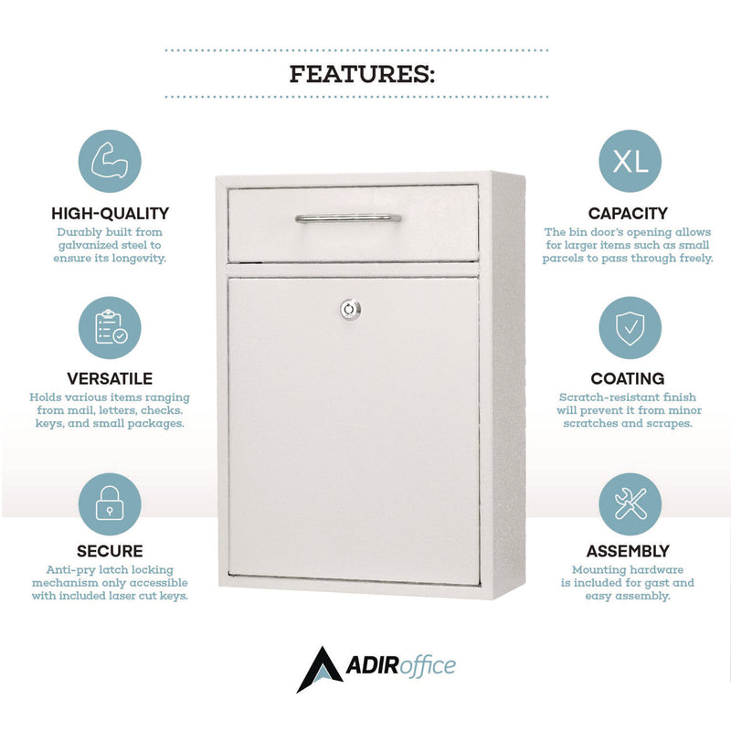 AdirOffice Large Ultimate Secure Drop Box Wall Mounted Mail Box, 11.2 x 4.7 x 16.2, White (ALHI63104WHI) Each