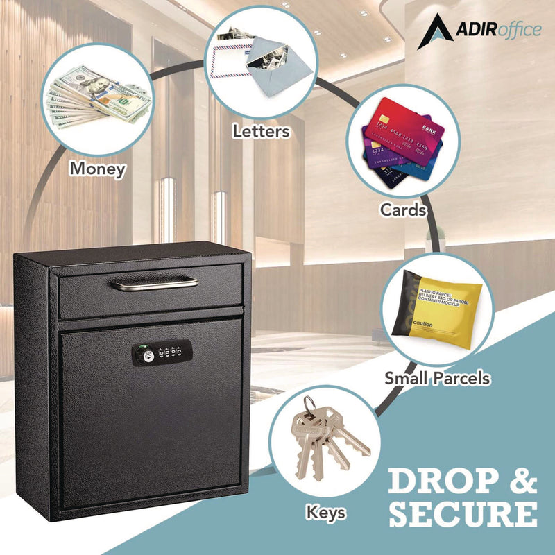 AdirOffice Medium Secure Drop Box Wall Mounted Locking Mail Box with Key and Combination Lock, 10.51 x 4.72 x 12, Black (ALHI63105BLKKC) Each