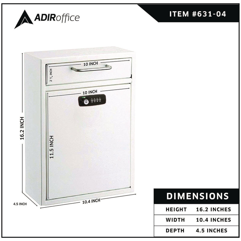 AdirOffice Large Secure Drop Box Wall Mounted Locking Mail Box with Key and Combination lock, 11.2 x 4.7 x 16.2, White (ALHI63104WHIKC) Each