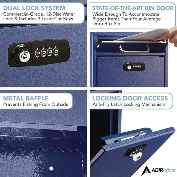 AdirOffice Medium Secure Drop Box Wall Mounted Locking Mail Box with Key and Combination Lock, 10.51 x 4.72 x 12, Blue (ALHI63105BLUKC) Each