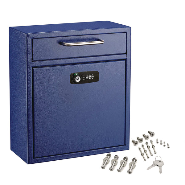 AdirOffice Medium Secure Drop Box Wall Mounted Locking Mail Box with Key and Combination Lock, 10.51 x 4.72 x 12, Blue (ALHI63105BLUKC) Each